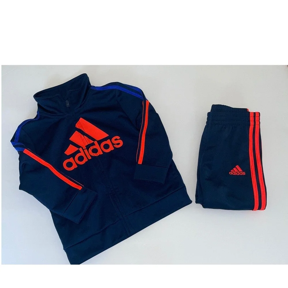Adidas Toddler Boys Navy‎ Blue Orange 3-Stripe Tracksuit Jacket Pants Set 18M